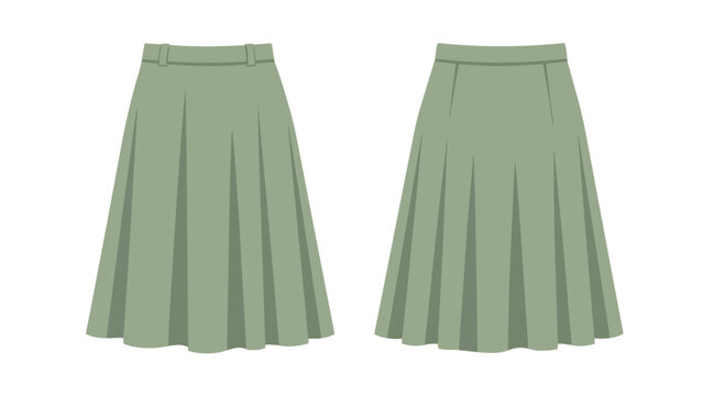 Elegant flat lay illustration of two sage green pleated skirts showcasing front and back views, ideal for fashion design and apparel concept