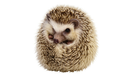 Isolated cute pet African pygmy hedgehog curled up in a defensive ball, adorable spiny mammal © Peregrine