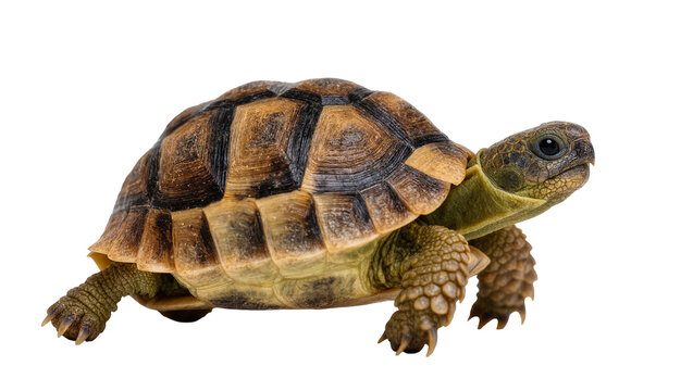 Isolated young tortoise with beautiful brown and black patterned shell, detailed side view