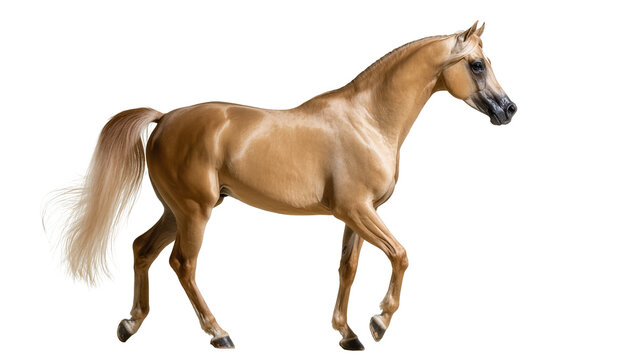 Isolated beautiful golden Akhal-Teke horse walking gracefully, full length studio shot