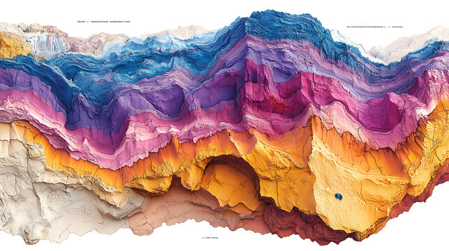 Geological heat map with gem formation regions highlighted in vivid colors white background 