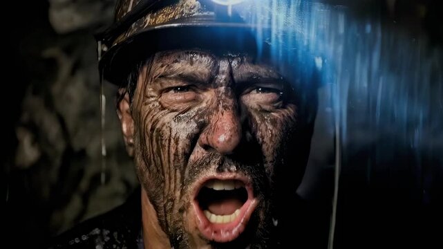 Miner shouting warning inside dark mine, close-up of experienced worker with coal dust, helmet lamp urgently instructing coworkers, concept of industrial danger awareness, leadership, workplace safety