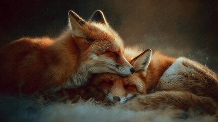 Fototapeta premium Two foxes cuddling affectionately in a warm, dreamy forest background