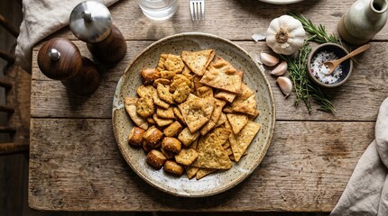 Fototapeta premium Savory Snack Mix: Crispy Crackers and Pretzels on Rustic Wooden Table
