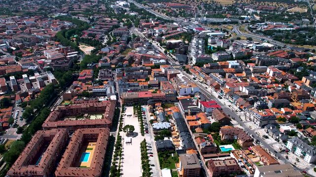 Aerial panorama view around the downtown of the city Collado Villalba  in Spain on a sunny summer noon.