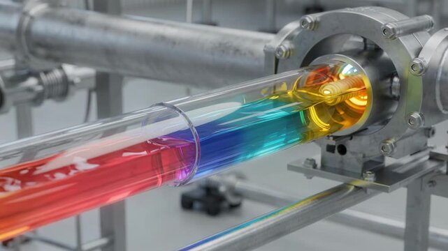 Closeup medium view of an inline sensor using UVvisible spectrophotometry to assess dye concentration in a continuous chemical processing line with vibrant color detection.