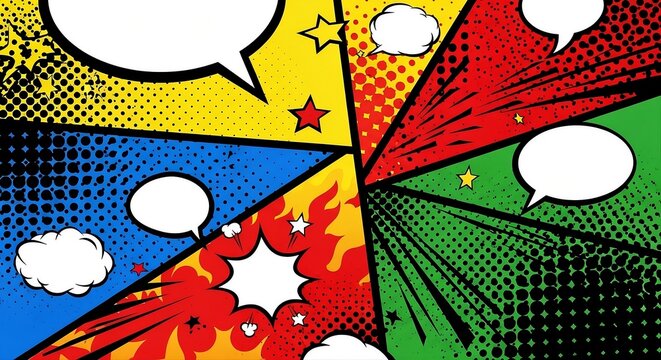 Retro Pop Art Halftone Abstract with Bright Comic Color Explosion