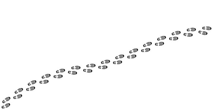 Footsteps trail diagonally across pure white background. Each mark shows clear, consistent imprint of a walking foot. Pattern implies steady, purposeful movement forward