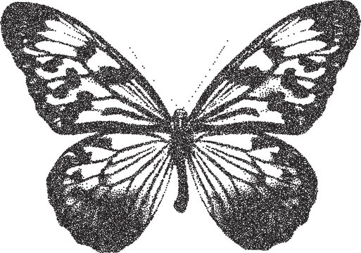 Butterfly vintage y2k stipple art, wings halftone stipple brutalist retro vector png with transparent background, flutter 2000s aesthetic photocopy effect tattoo