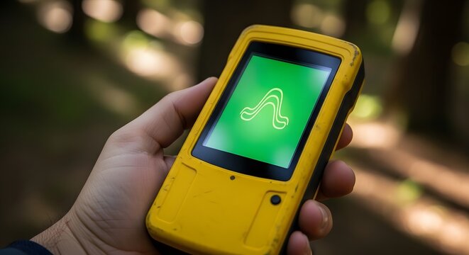 Handheld rugged yellow GPS navigation device held by hand in blurred forest background for outdoor exploration.
