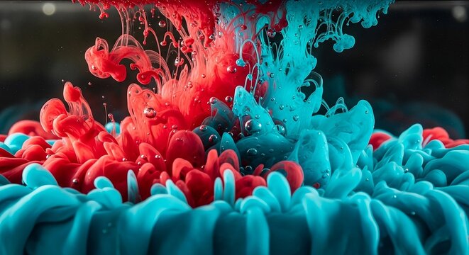 Macro Clashing Ink Clouds in Water with Fiery Red and Electric Turquoise Fluid Motion