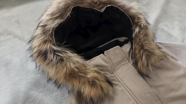 Fluffy fur on the hood of a warm jacket. Winter coat with faux or natural fur on the collar