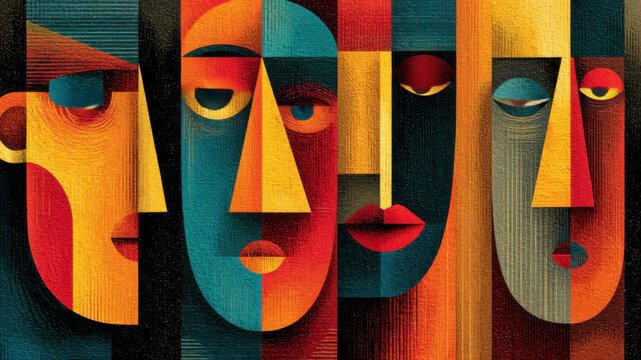 Four abstract human faces created with striking geometric shapes and vivid colors interact within a colorful artistic composition. The artwork showcases creativity and emotion.