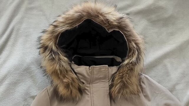 Fluffy fur on the hood of a warm jacket. Winter coat with faux or natural fur on the collar