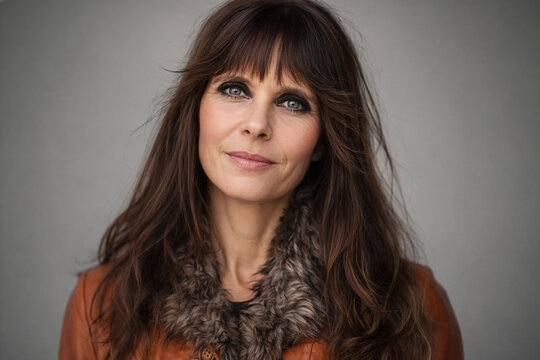 Portr&auml;t einer attraktiven Frau mittleren Alters mit braunem Haar und Lederjacke