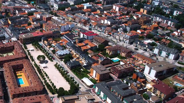 Aerial panorama view around the downtown of the city Collado Villalba  in Spain on a sunny summer noon.