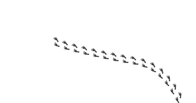 Animated black footprints appearing one by one creating walking effect. Transparent background ideal for video overlays and motion graphics projects.