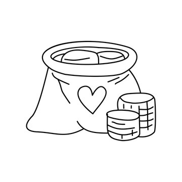 handraw illustration depicts a sack filled with food donations marked with a heart along with stacked cans representing aid and support
