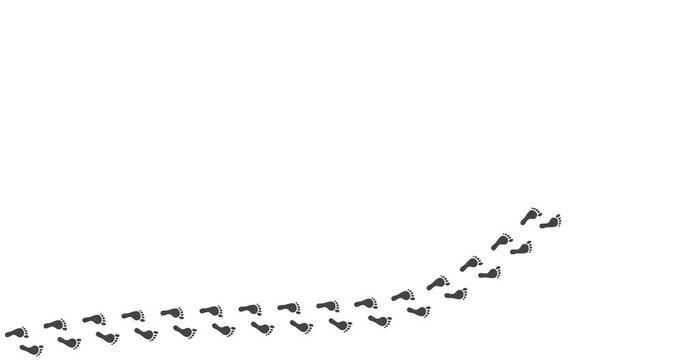 Footsteps trace a curved path across clean white ground. Silent journey implies movement through quiet, unspoiled terrain. No people, no animals, no plants visible in this scene