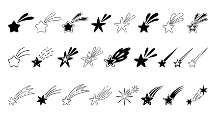 Collection of shooting stars clipart, Tail star icon, Comet doodle in various designs and black color. Astronomy, Space, Celestial outline graphic images. © JulzaArt