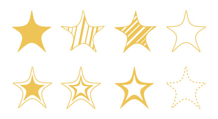 Obraz premium Yellow gold stars set collection. Minimal star doodle hand drawn icons. Outline drawing star clipart symbol. Vector images.
