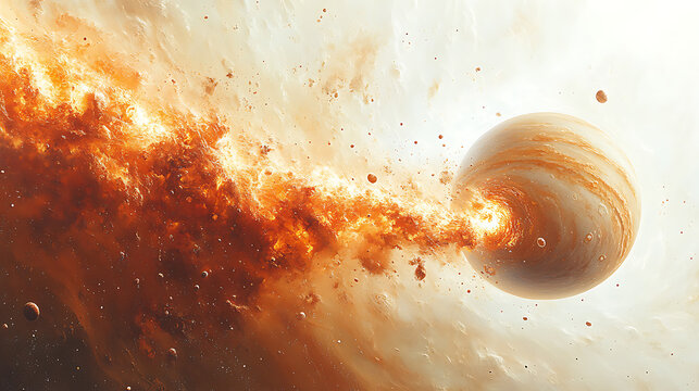 Exploded diagram of planetary components forming through accretion of space materials white background 