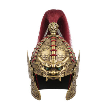 Ancient Chinese warrior helmet with red plume and dragon