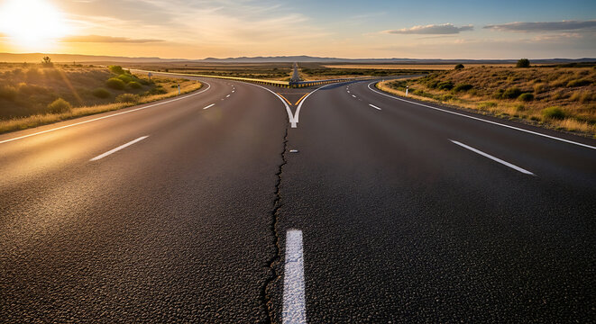 Open road splitting into two paths in vast landscape at sunset, symbolizing journey and choice