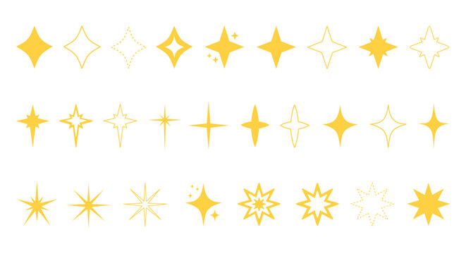 Yellow gold stars set collection. Minimal star doodle hand drawn icons. Outline drawing star clipart symbol. Vector images.