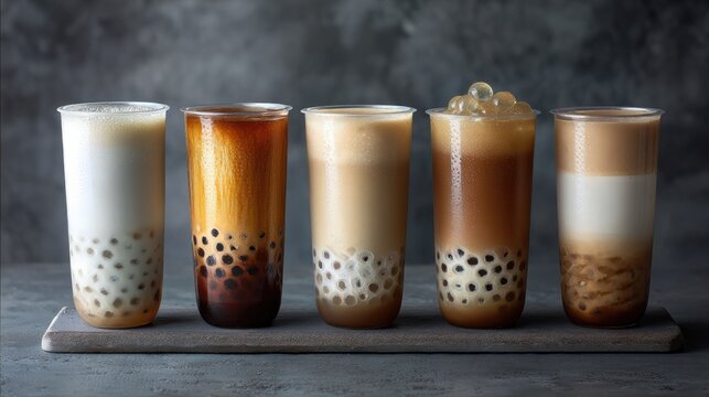 Colorful assortment of bubble tea drinks with tapioca pearls served in clear glasses on a wooden surface against a textured backdrop