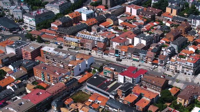 Aerial panorama view around the downtown of the city Collado Villalba  in Spain on a sunny summer noon.