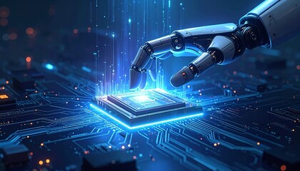 Obraz premium Futuristic robotic hand interacting with glowing processor, symbolic visualization representing artificial intelligence, robotics, and advanced computing technology.