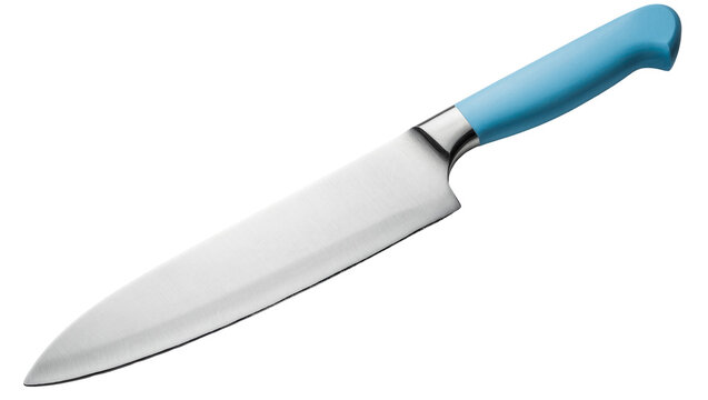 Isolated professional sharp chef's knife with a modern metallic blade and vibrant blue handle