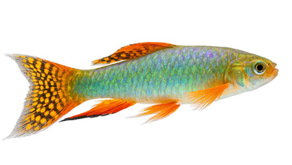 Isolated vibrant tropical freshwater fish with iridescent scales, bright orange fins, and spotted tail. © Motruc