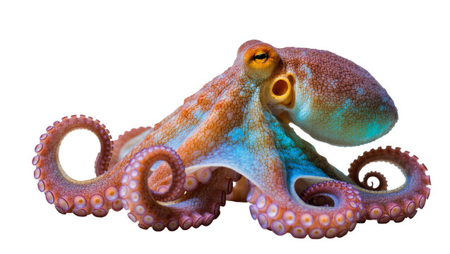 Isolated vibrant octopus showcasing intricate skin patterns and striking coiled tentacles