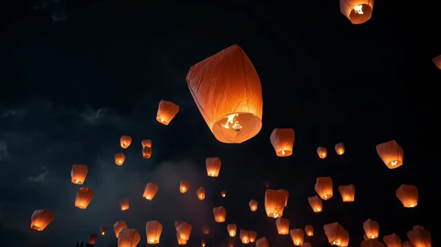 Glowing Chinese lanterns illuminate the night sky, creating a serene and festive atmosphere perfect for highlighting cultural celebrations and spiritual harmony