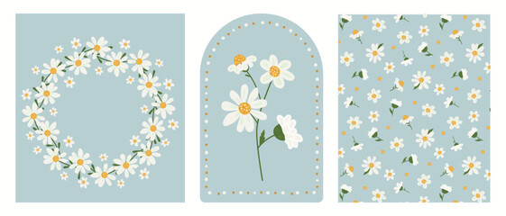 Beautiful daisy floral set with wreath decorative arch and seamless pattern. Botanical chamomile collection in perfectly imperfect doodle style. Organic vector bundle for wedding and greeting cards. © Natalya