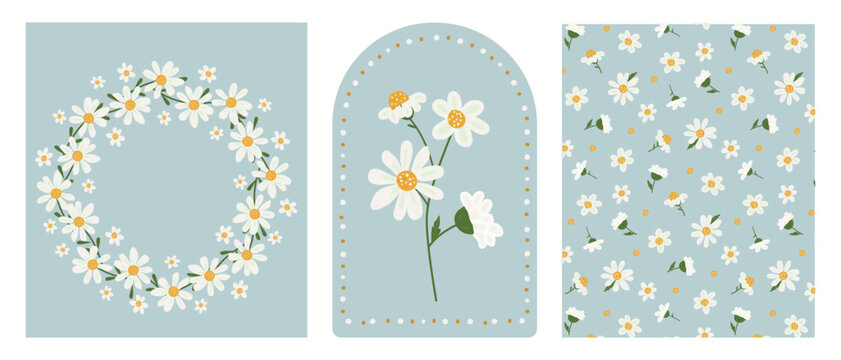 Beautiful daisy floral set with wreath decorative arch and seamless pattern. Botanical chamomile collection in perfectly imperfect doodle style. Organic vector bundle for wedding and greeting cards.