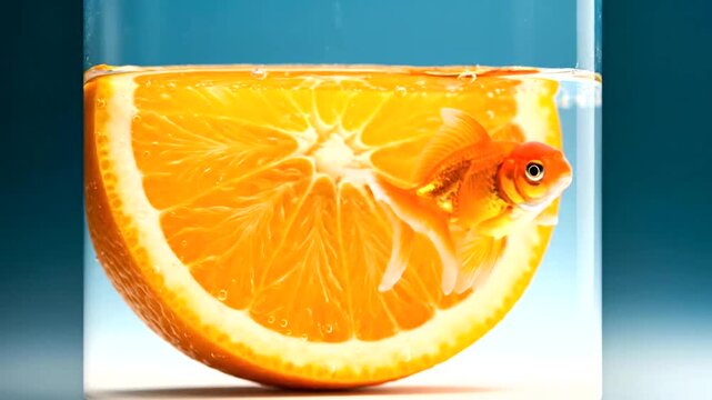 goldfish swimming in orange slice water.