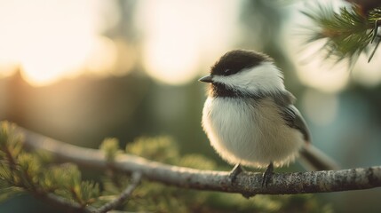 Obraz premium Charming Small Bird Perched on a Tree Branch with Soft Background Light during Golden Hour in a Natural Forest Setting