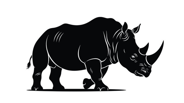 Black and white silhouette of a majestic rhinoceros standing on a white background with stylized line art detailing its powerful form.