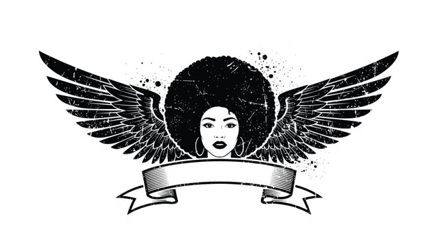 Graphic illustration of a beautiful black woman with an afro hairstyle and large spread wings, featuring a blank banner for text.