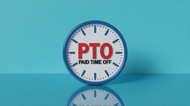 Clock displaying pto paid time off on blue background with reflection
