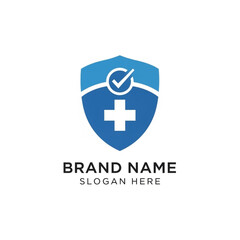 Obraz premium Blue shield logo with a white cross and checkmark, representing health and safety.