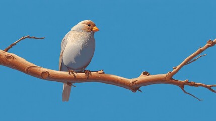 Fototapeta premium Bird perched on a branch against clear blue sky, showcasing soft feathers and bright beak, depicting nature’s beauty and serenity in wildlife photography