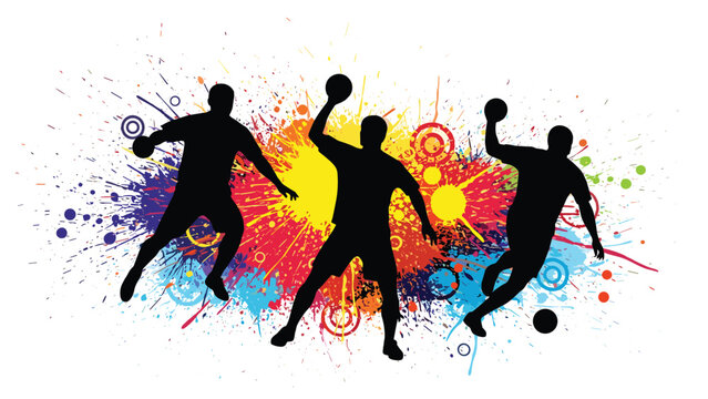 Silhouettes of handball players in dynamic action poses set against a vibrant background of colorful paint splatters and geometric circles.