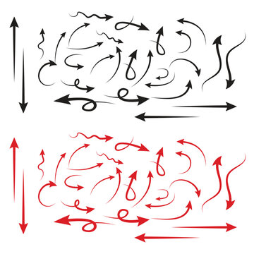 Hand Drawn Doodle Arrow Set, Red and Black Curved Swirl Direction Navigation Arrows Vector Collection.