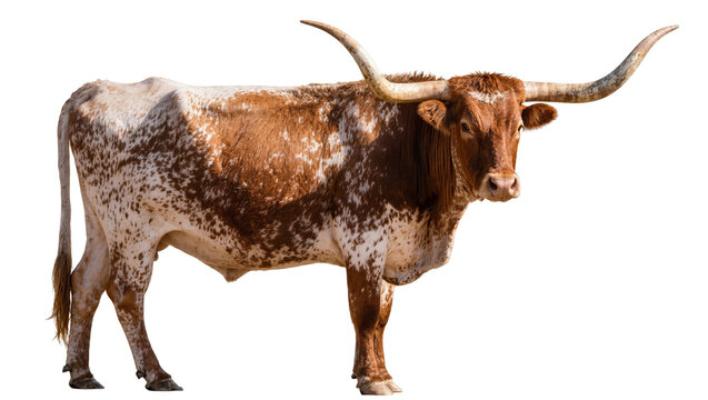 Isolated impressive Texas Longhorn cattle, a powerful farm animal with long majestic horns.