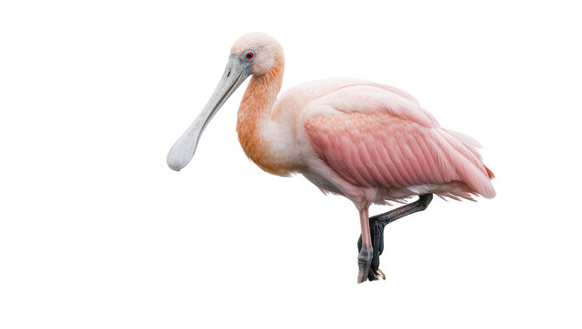 Isolated Roseate Spoonbill wading bird with pink feathers and distinctive spoon-shaped bill
