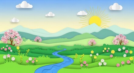 Obraz premium Serene landscape with a winding river blooming trees and vibrant flowers under a sunny sky with fluffy clouds